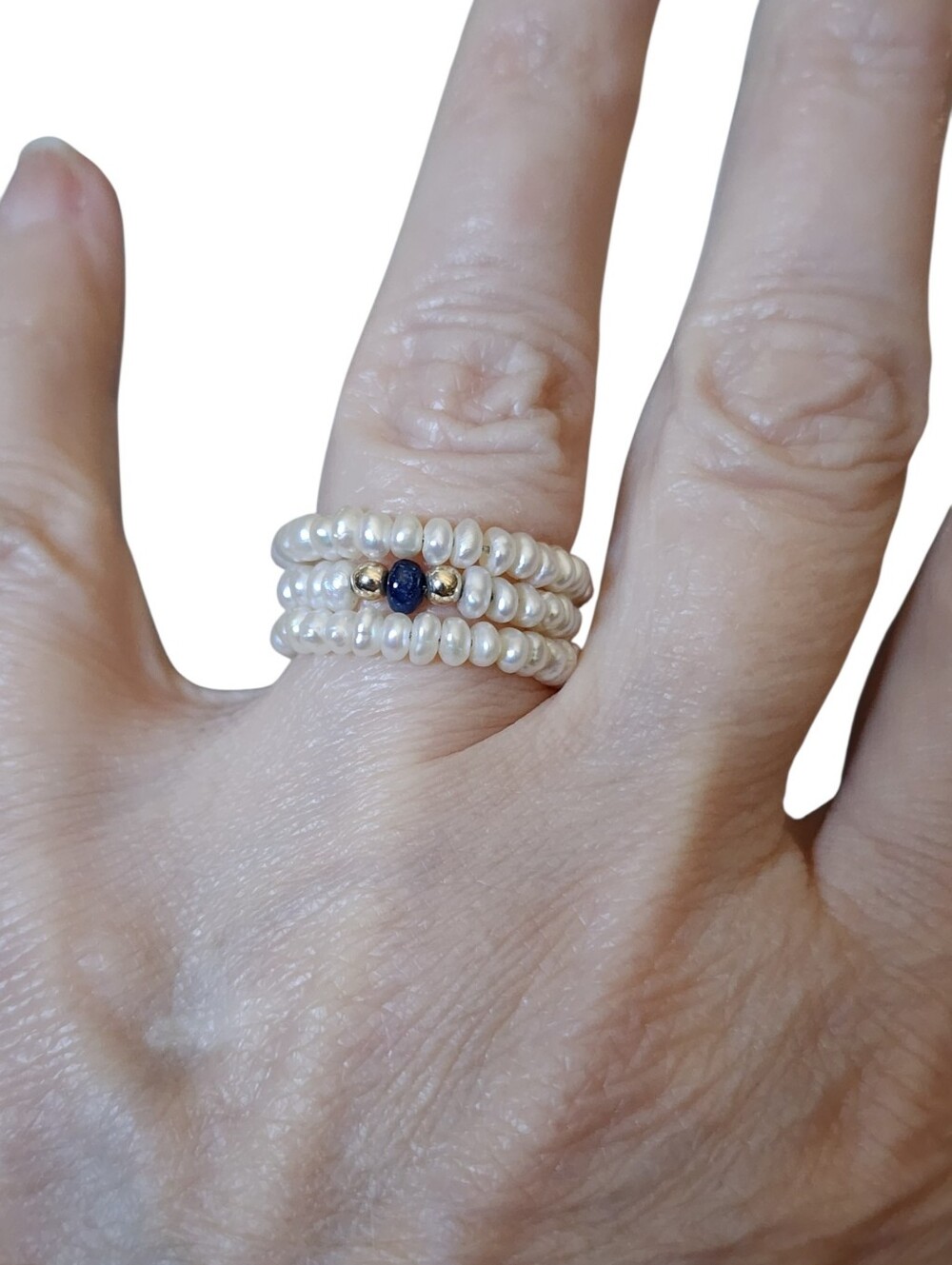 Ross-Simons 14K Gold Coil Ring Freshwater Pearls + Lapis Lazuli + Gold Beads